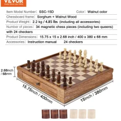 VEVOR Solid Wood Chess Set, 15 inch 2-IN-1 Chess Checkers Game Set, Chess Board Games with Storage Drawer & Weighted Chess Checkers Pieces & 2 Queens, for Adults Kids Tournament Professional Beginner