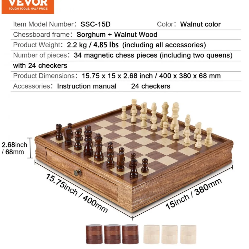 VEVOR Solid Wood Chess Set, 15 inch 2-IN-1 Chess Checkers Game Set, Chess Board Games with Storage Drawer & Weighted Chess Checkers Pieces & 2 Queens, for Adults Kids Tournament Professional Beginner