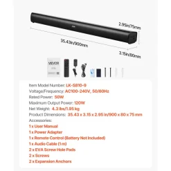 VEVOR Sound Bar for Smart TV, 2.1 Channel, 35-Inch Compact Soundbar TV Speakers with Built-In Subwoofer for Projector, Bluetooth AUX Connection, Easy Setup, 120W Surround Sound System for Home Audio