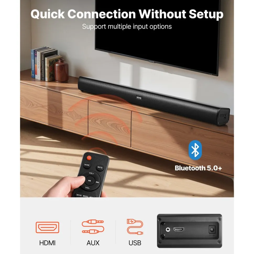 VEVOR Sound Bar for Smart TV, 2.1 Channel, 35-Inch Compact Soundbar TV Speakers with Built-In Subwoofer for Projector, Bluetooth AUX Connection, Easy Setup, 120W Surround Sound System for Home Audio