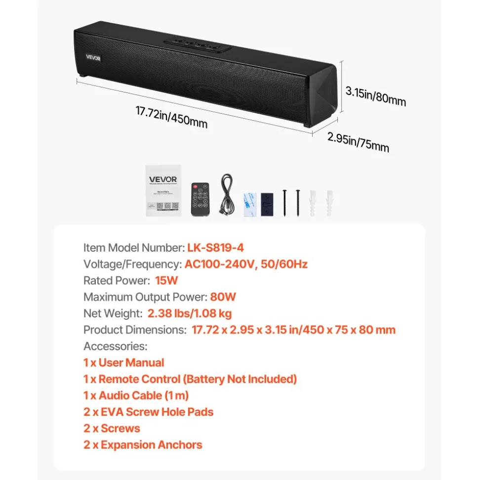 VEVOR Sound Bar for Smart TV, 2.0 Channel, 32-Inch Compact Soundbar TV Speakers for Projector, Bluetooth AUX Connection, Remote Control, Easy Setup, 80W Surround Sound System for PC Home Theater Audio