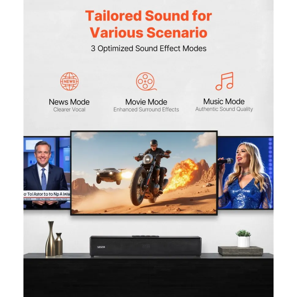 VEVOR Sound Bar for Smart TV, 2.0 Channel, 32-Inch Compact Soundbar TV Speakers for Projector, Bluetooth AUX Connection, Remote Control, Easy Setup, 80W Surround Sound System for PC Home Theater Audio