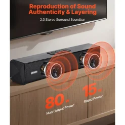 VEVOR Sound Bar for Smart TV, 2.0 Channel, 32-Inch Compact Soundbar TV Speakers for Projector, Bluetooth AUX Connection, Remote Control, Easy Setup, 80W Surround Sound System for PC Home Theater Audio