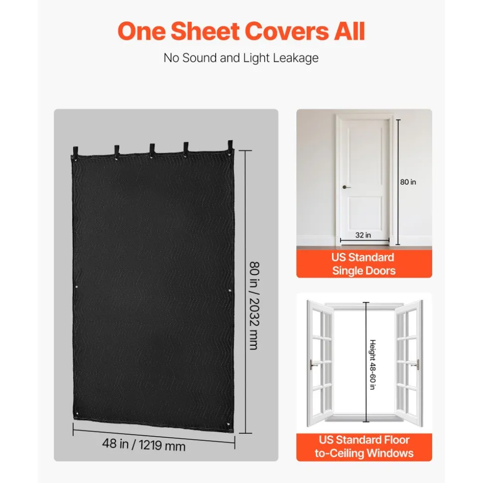 VEVOR Sound Dampening Blankets, Soundproof Curtains with 80 x 48 in, Soundproof Blanket with Grommets, Studio Grommeted Blanket, for Window, Door, Light Blocker, Music Recording, Black