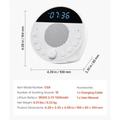 VEVOR Sound Machine, 18 Soothing Sleep Sounds and 7-Color Night Light, 5-in-1 White Noise Sound Machine with Dual Alarms, Auto-Off Timer and Memory Function, for Baby, Adults, Home, Office & Travel