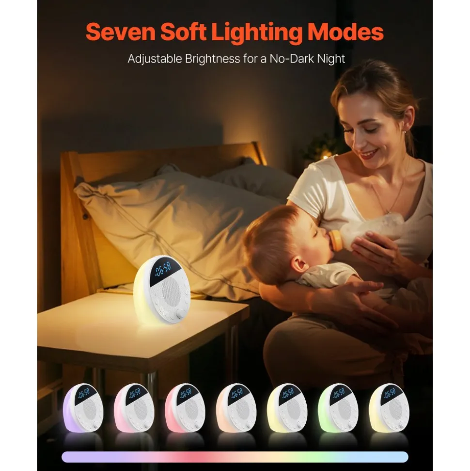 VEVOR Sound Machine, 18 Soothing Sleep Sounds and 7-Color Night Light, 5-in-1 White Noise Sound Machine with Dual Alarms, Auto-Off Timer and Memory Function, for Baby, Adults, Home, Office & Travel