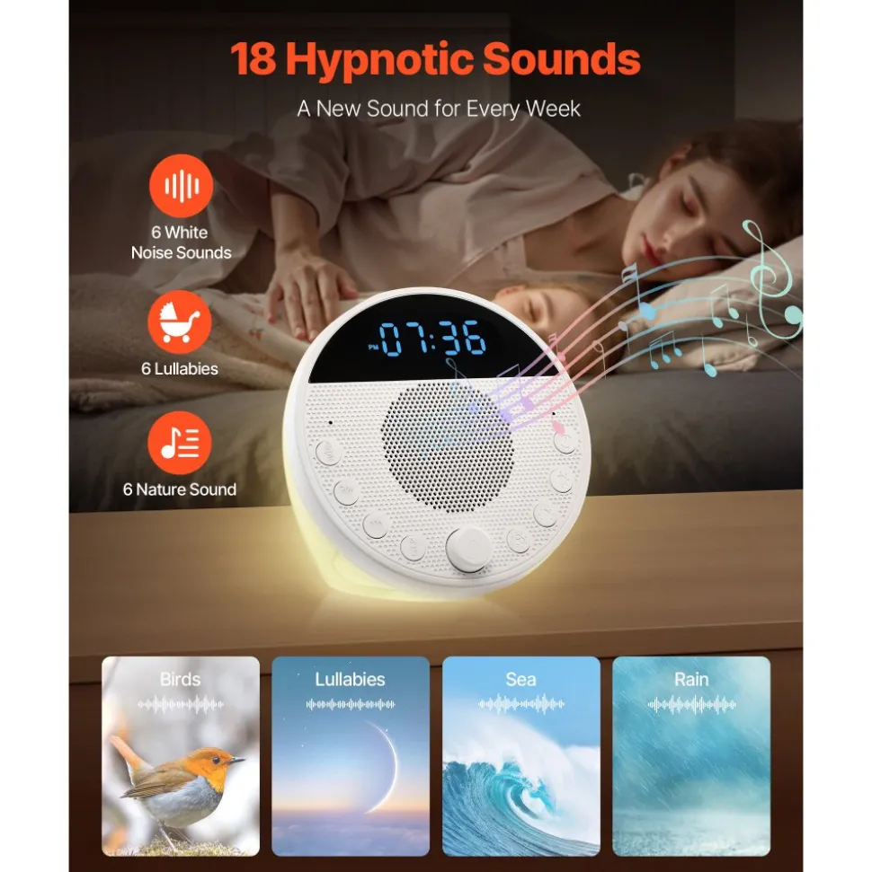 VEVOR Sound Machine, 18 Soothing Sleep Sounds and 7-Color Night Light, 5-in-1 White Noise Sound Machine with Dual Alarms, Auto-Off Timer and Memory Function, for Baby, Adults, Home, Office & Travel