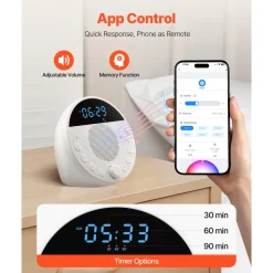 VEVOR Sound Machine, 18 Soothing Sleep Sounds, 7-Color Night Light, 6-in-1 White Noise Sound Machine with Dual Alarms, APP, Auto-Off Timer and Memory Function, for Baby, Adults, Home, Office & Travel