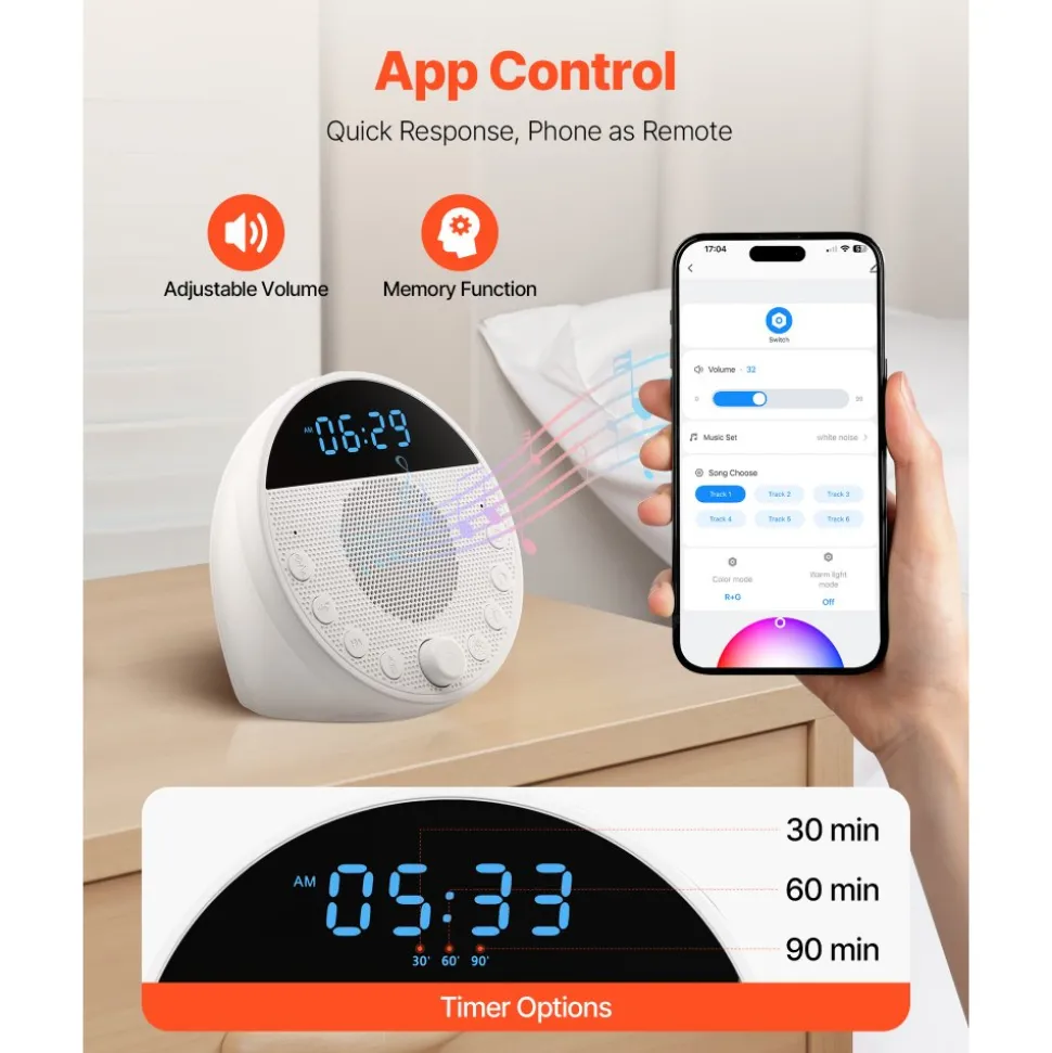 VEVOR Sound Machine, 18 Soothing Sleep Sounds, 7-Color Night Light, 6-in-1 White Noise Sound Machine with Dual Alarms, APP, Auto-Off Timer and Memory Function, for Baby, Adults, Home, Office & Travel