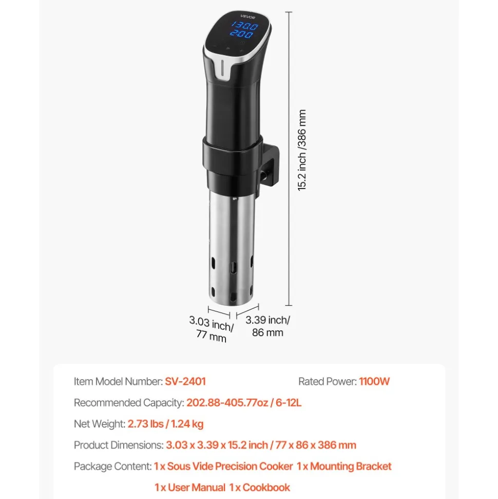 VEVOR Sous Vide Precision Cooker, 1100W Sous-Vide Cooking Machine, WIFI Immersion Circulator with LED Digital Display, Fast-Heating, Accurate Temperature & Timer Control, SUS304 Stainless Steel