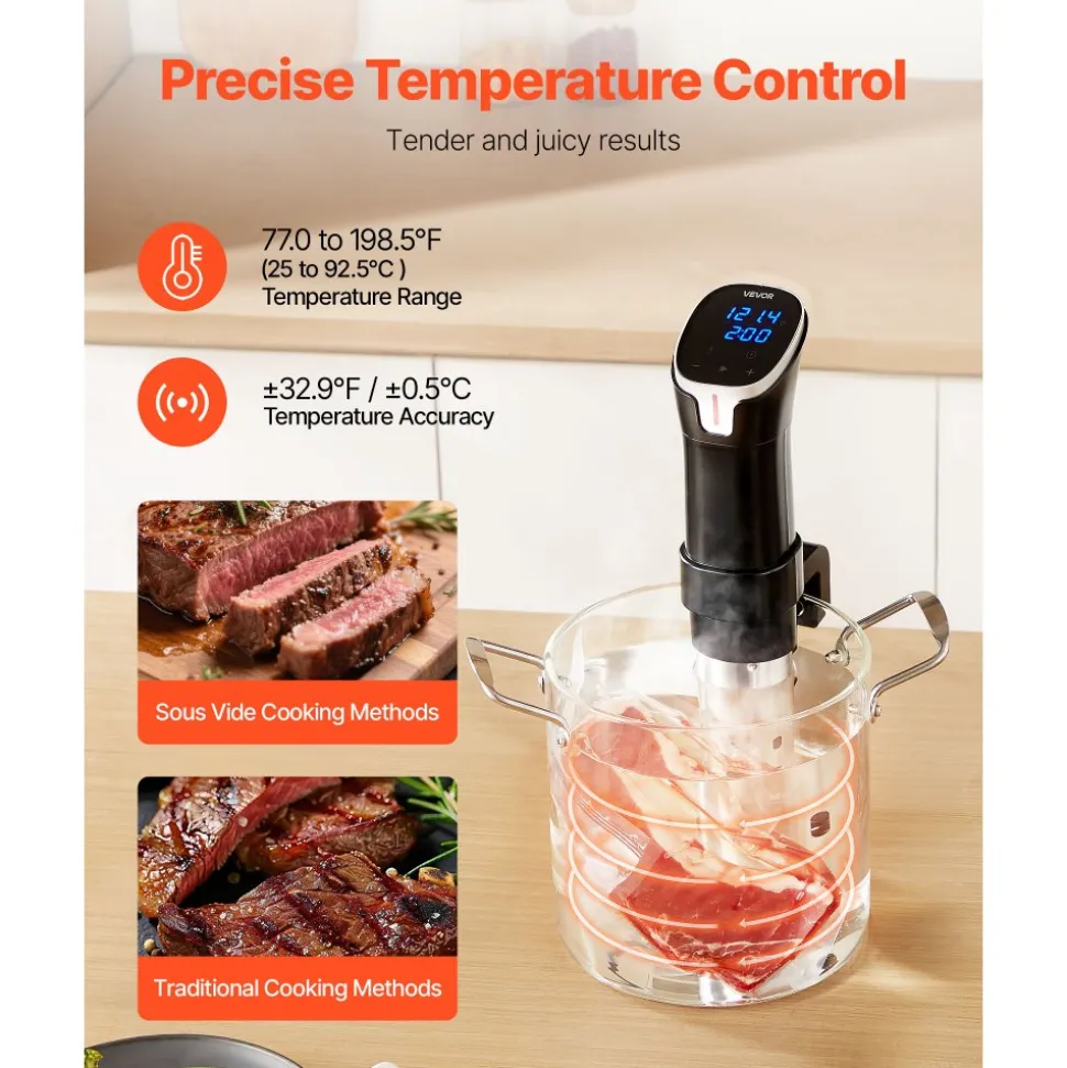 VEVOR Sous Vide Precision Cooker, 1100W Sous-Vide Cooking Machine, WIFI Immersion Circulator with LED Digital Display, Fast-Heating, Accurate Temperature & Timer Control, SUS304 Stainless Steel