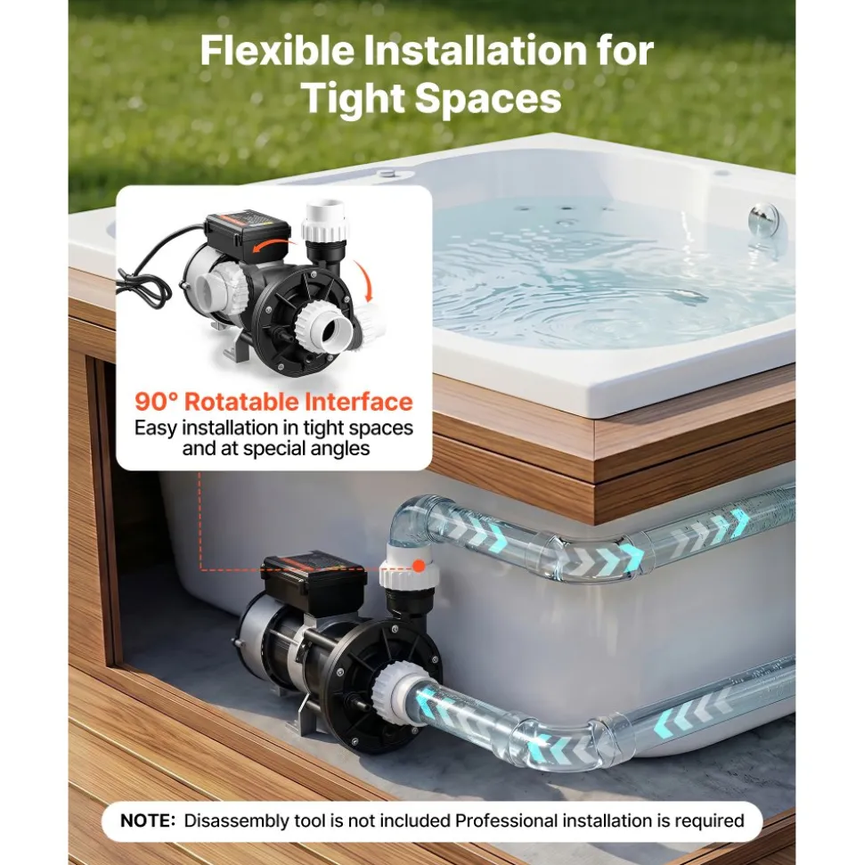 VEVOR SPA Pump 1.5HP Hot Tub Bath Pump 115V 119GPM Flow Rate with 1.5" Port, 90° Rotational Interface, 54 ft Max Lifting Height, Copper Motor, SPA Bath Water Circulation, Compatible with OEM Models