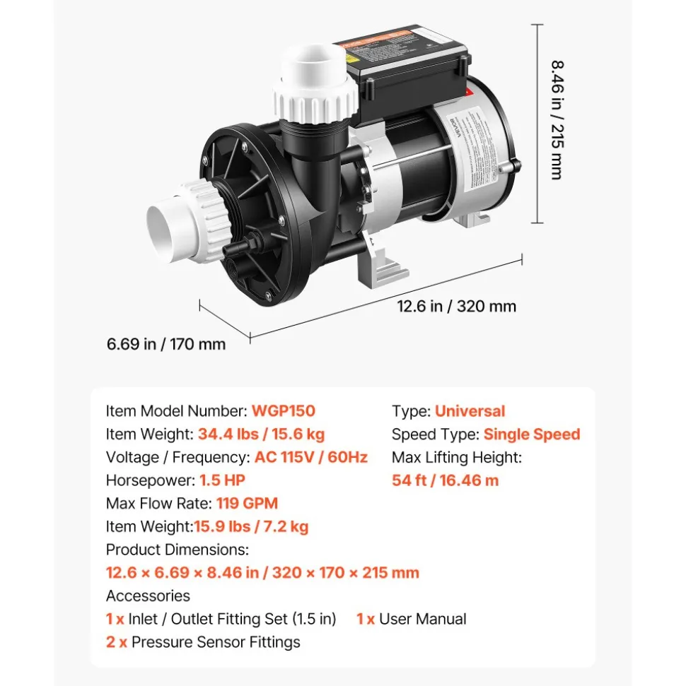 VEVOR SPA Pump 1.5HP Hot Tub Bath Pump 115V 119GPM Flow Rate with 1.5" Port, 90° Rotational Interface, 54 ft Max Lifting Height, Copper Motor, SPA Bath Water Circulation, Compatible with OEM Models