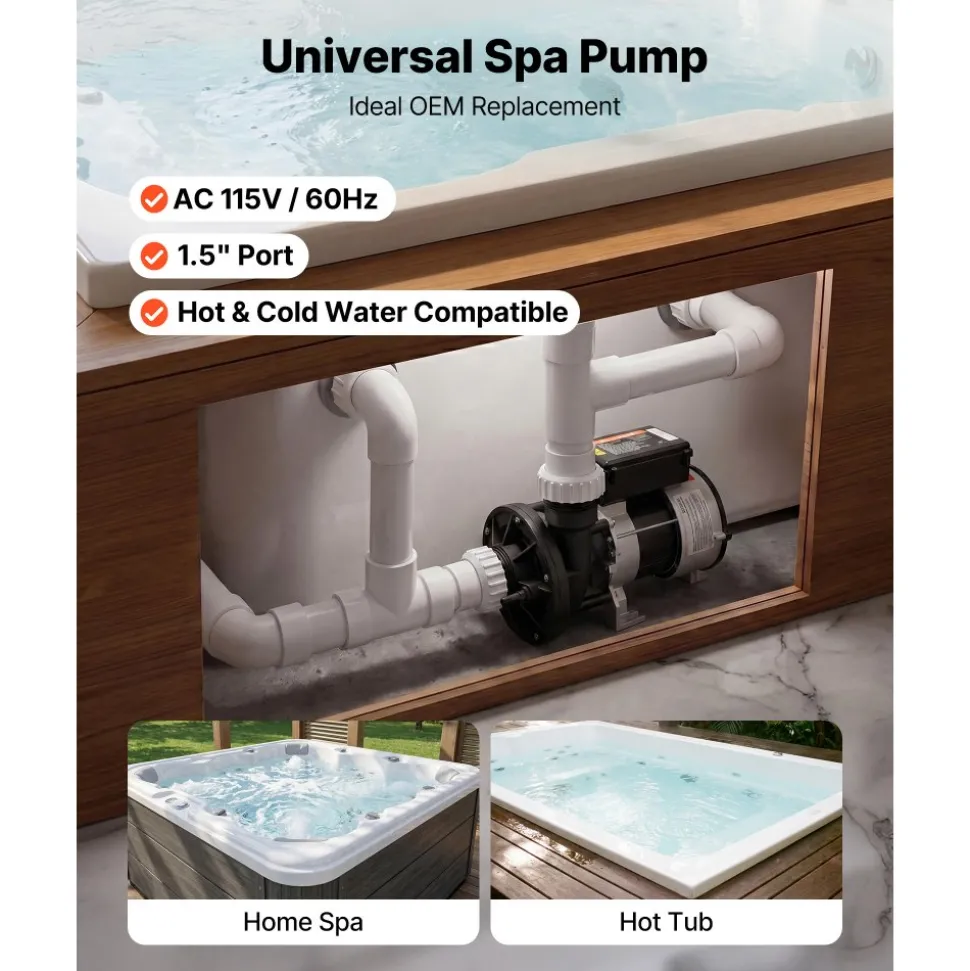 VEVOR SPA Pump 1.5HP Hot Tub Bath Pump 115V 119GPM Flow Rate with 1.5" Port, 90° Rotational Interface, 54 ft Max Lifting Height, Copper Motor, SPA Bath Water Circulation, Compatible with OEM Models
