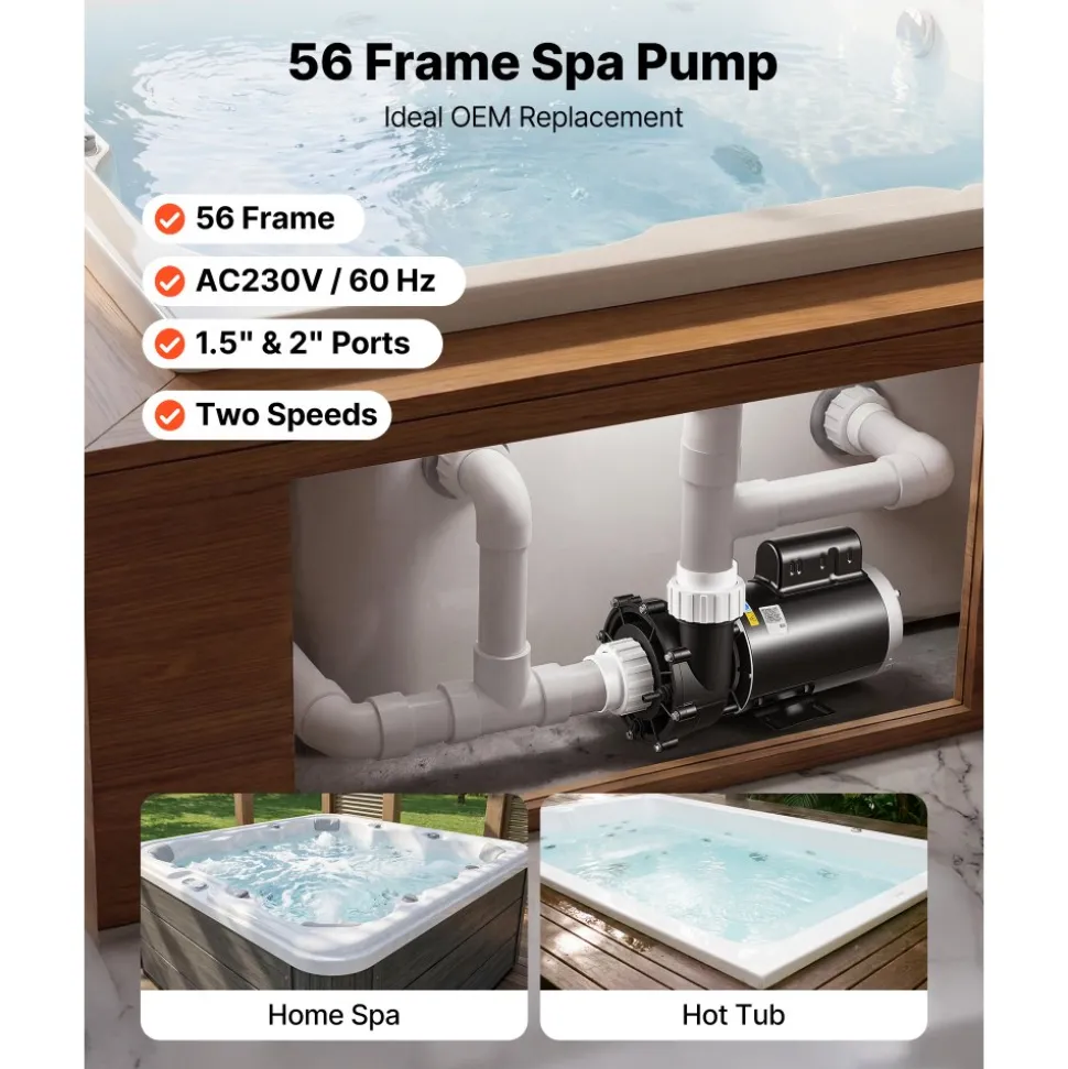 VEVOR SPA Pump 2HP Hot Tub Pump 2 Speed 56 Frame with 1.5" & 2" Port, 230V, 168 GPM High Speed & 68 GPM Low Speed, 90° Rotational Interface, SPA Bath Water Circulation, Compatible with OEM Models