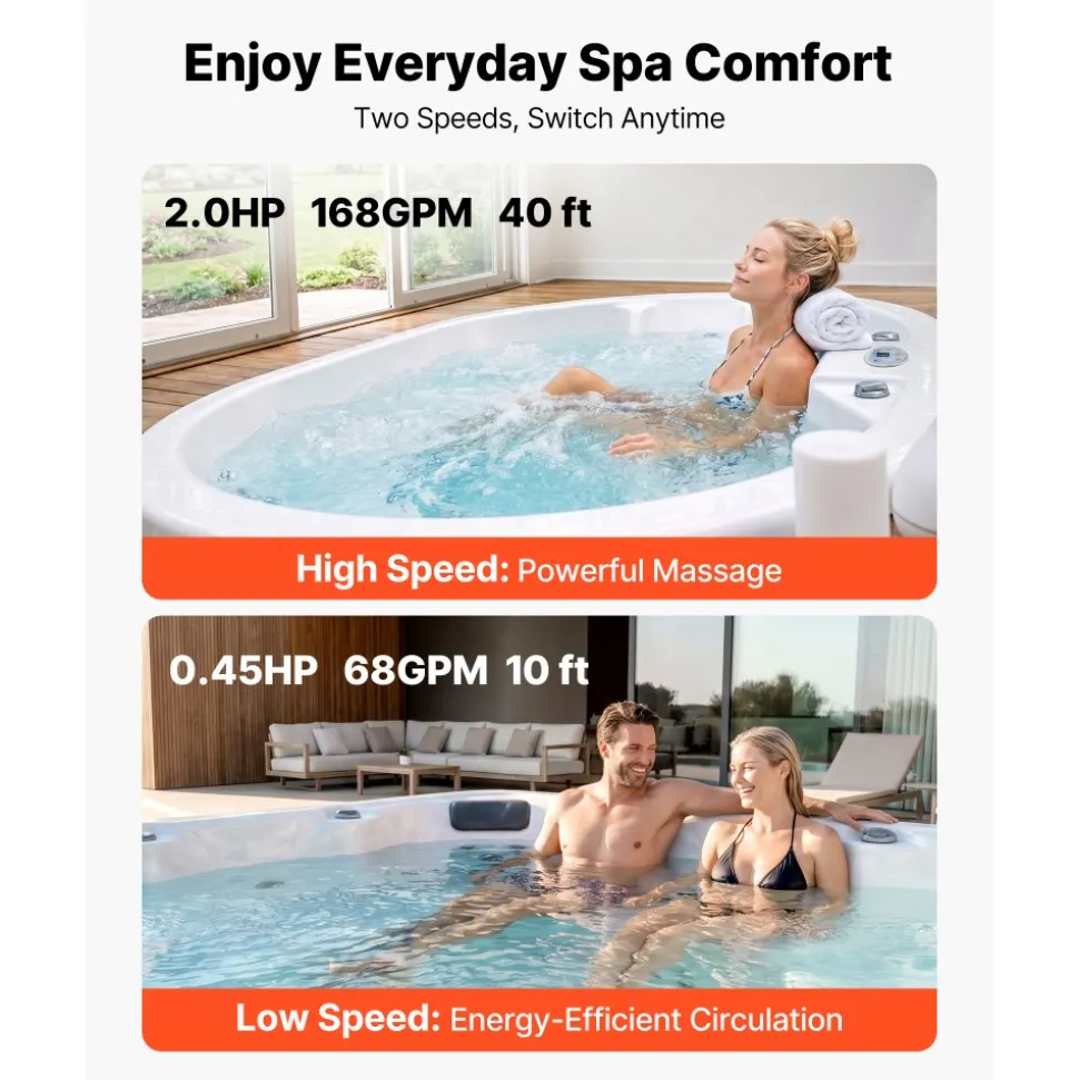 VEVOR SPA Pump 2HP Hot Tub Pump 2 Speed 56 Frame with 1.5" & 2" Port, 230V, 168 GPM High Speed & 68 GPM Low Speed, 90° Rotational Interface, SPA Bath Water Circulation, Compatible with OEM Models