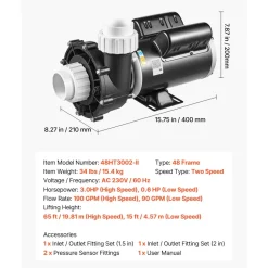 VEVOR SPA Pump 3HP Hot Tub Pump 2 Speed 48 Frame with 1.5