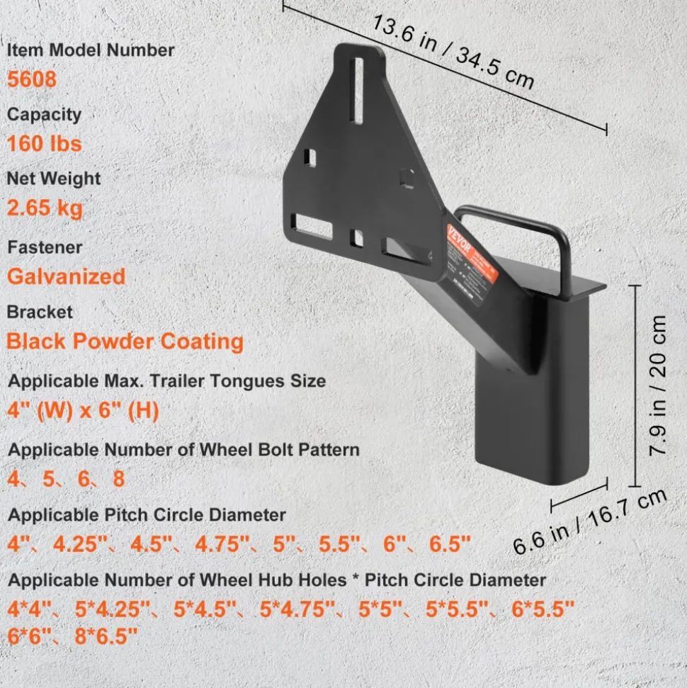VEVOR Spare Tire Carrier, Trailer Spare Tire Mount, 160 lbs Capacity, Utility Trailer Accessories Fits Most 4 & 5 & 6 & 8 Lugs Wheels on 4", 4.25", 4.5", 4.75", 5", 5.5", 6", 6.5" Bolt Patterns