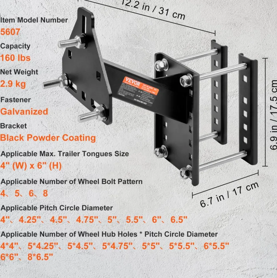 VEVOR Spare Tire Carrier, Trailer Spare Tire Mount, 160 lbs Capacity, Utility Trailer Accessories Fits Most 4 & 5 & 6 & 8 Lugs Wheels on 4", 4.25", 4.5", 4.75", 5", 5.5", 6", 6.5" Bolt Patterns