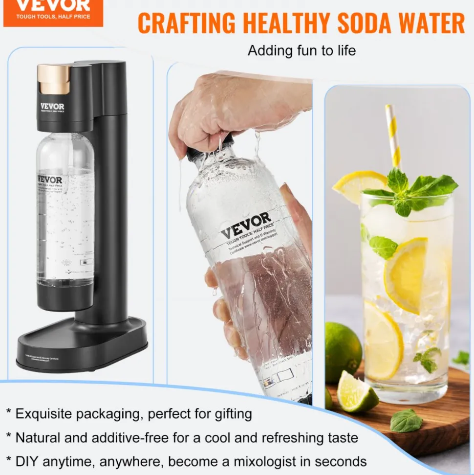 VEVOR Sparkling Water Maker, Soda Maker Machine for Home Carbonating, Seltzer Water Starter Kit with BPA-free 1L PET Bottle, 2 CO2 Cylinders, Compatible with Mainstream Screw-in 60L CO2 Cylinder