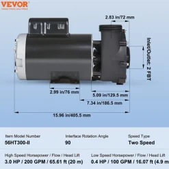 VEVOR 2 Speed SPA Pump, 56-Frame, AC220-240V Hot Tub SPA Pump, 3HP/200GPM/65.61ft High Speed or 0.4HP/100GPM/16.07ft Low Speed, 2