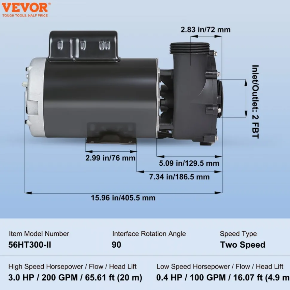 VEVOR 2 Speed SPA Pump, 56-Frame, AC220-240V Hot Tub SPA Pump, 3HP/200GPM/65.61ft High Speed or 0.4HP/100GPM/16.07ft Low Speed, 2" Port 90° Rotational Interface for Hot Tub, Tested to UL Standards