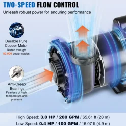 VEVOR 2 Speed SPA Pump, 56-Frame, AC220-240V Hot Tub SPA Pump, 3HP/200GPM/65.61ft High Speed or 0.4HP/100GPM/16.07ft Low Speed, 2