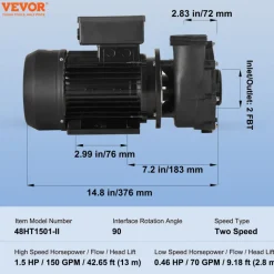 VEVOR 2 Speed SPA Pump, 48-Frame, AC 110-120V Hot Tub SPA Pump, 1.5HP/150GPM/42.65ft High Speed or 0.46HP/70GPM/9.18ft Low Speed, 2