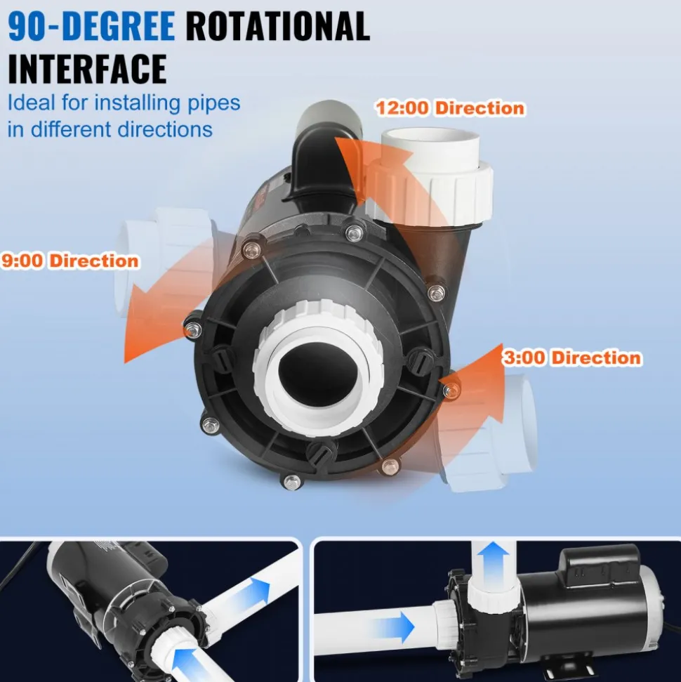 VEVOR 2 Speed SPA Pump, 56-Frame, AC 220-240V Hot Tub SPA Pump, 4HP/210GPM/65.61ft High Speed or 0.7HP/103GPM/16.07ft Low Speed, 2" Port 90° Rotational Interface for Hot Tub, Tested to UL Standards