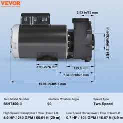 VEVOR 2 Speed SPA Pump, 56-Frame, AC 220-240V Hot Tub SPA Pump, 4HP/210GPM/65.61ft High Speed or 0.7HP/103GPM/16.07ft Low Speed, 2
