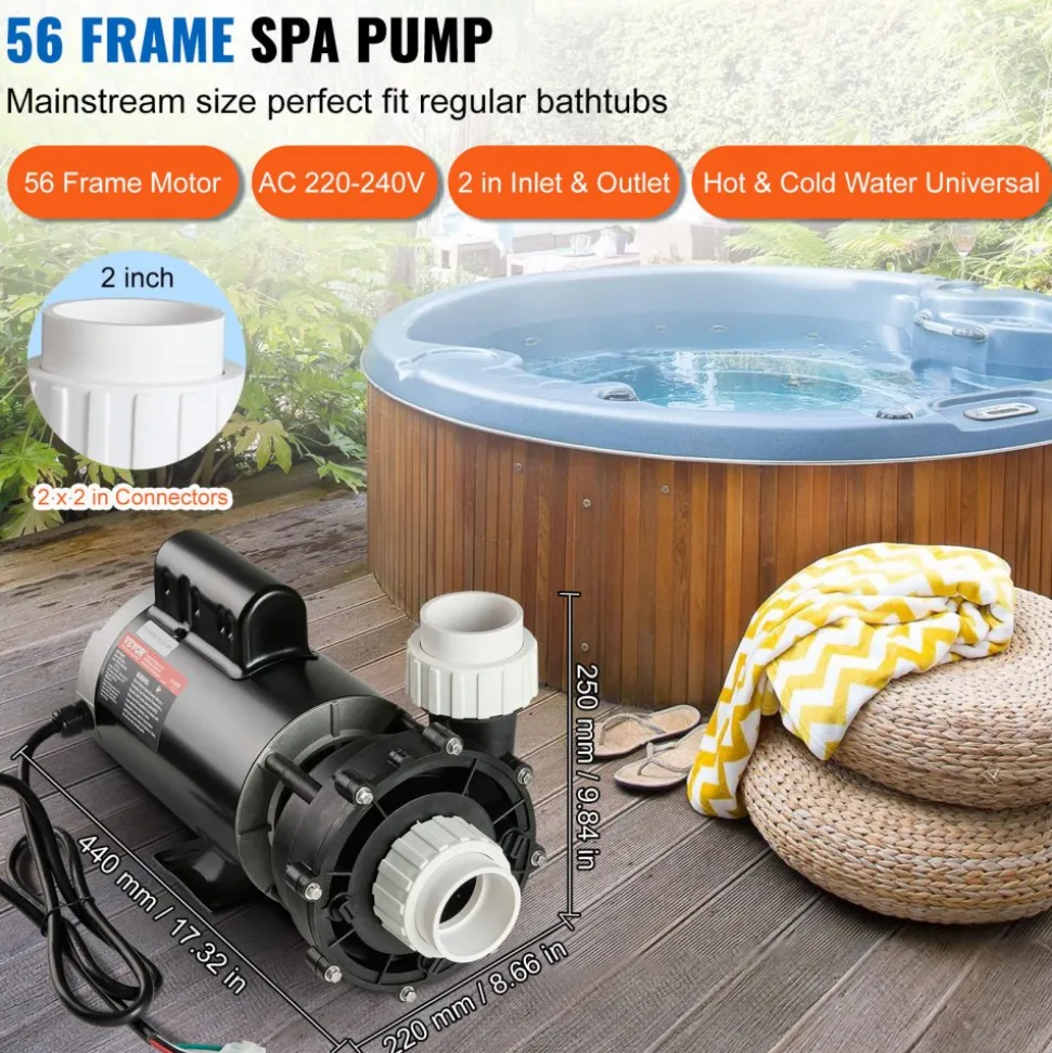VEVOR 2 Speed SPA Pump, 56-Frame, AC 220-240V Hot Tub SPA Pump, 4HP/210GPM/65.61ft High Speed or 0.7HP/103GPM/16.07ft Low Speed, 2" Port 90° Rotational Interface for Hot Tub, Tested to UL Standards