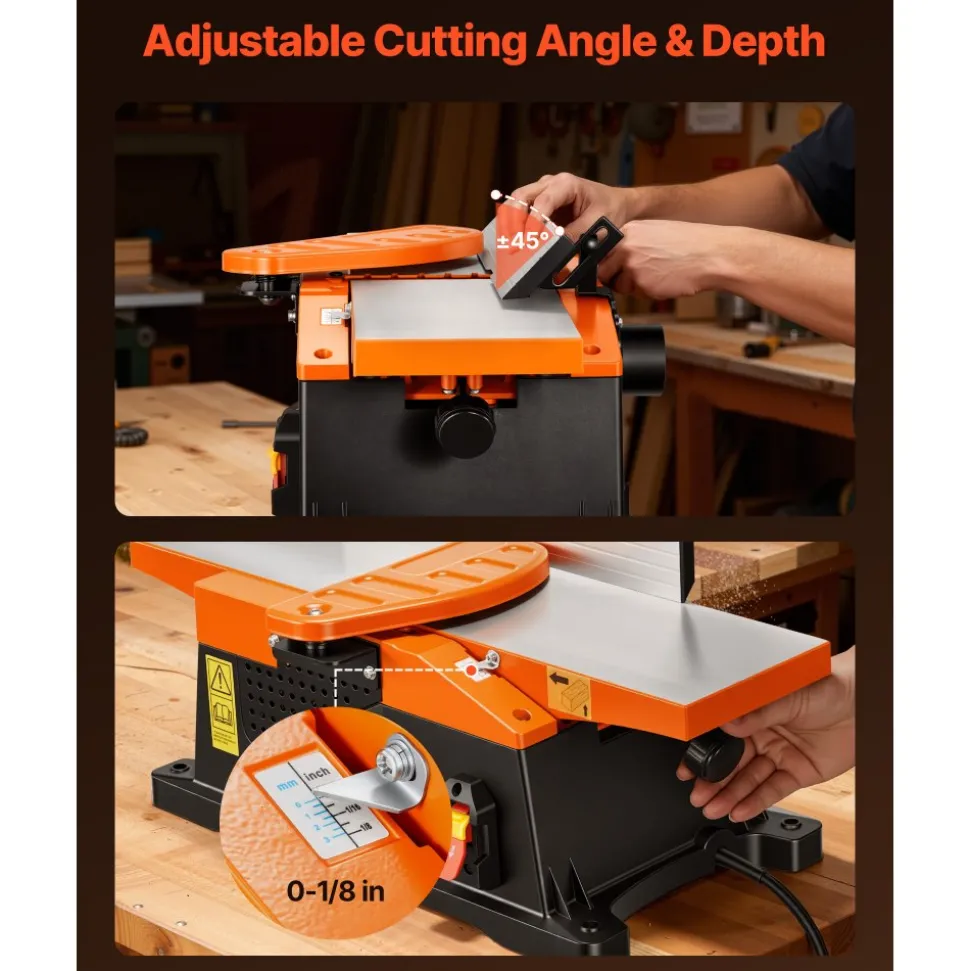 VEVOR Spiral Benchtop Jointer, 6 in, 2 HP 12000 RPM Bench Top Wood Jointer, with 12-Blade Spiral Cutterhead, Up to 1/8 in Depth, Adjustable Fence, 6 x 23 in Cast Aluminum Table, for Woodworking DIY
