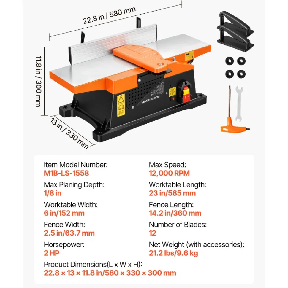 VEVOR Spiral Benchtop Jointer, 6 in, 2 HP 12000 RPM Bench Top Wood Jointer, with 12-Blade Spiral Cutterhead, Up to 1/8 in Depth, Adjustable Fence, 6 x 23 in Cast Aluminum Table, for Woodworking DIY