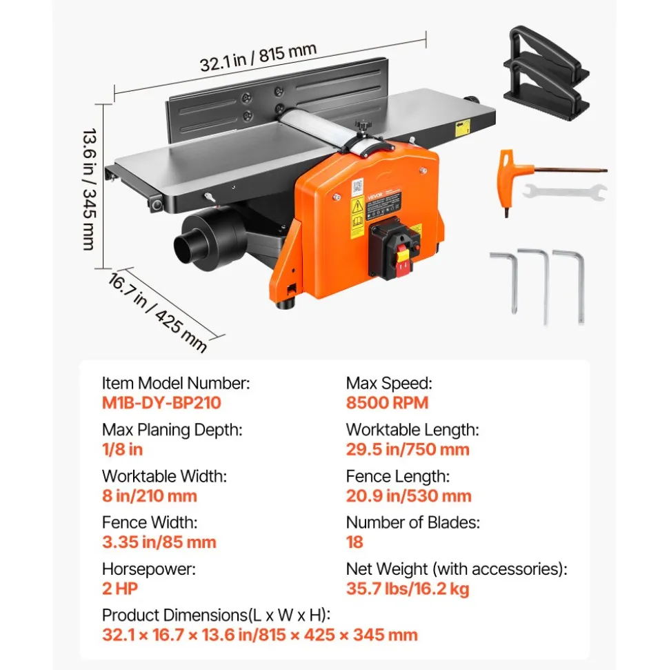 VEVOR Spiral Benchtop Jointer, 8 Inch, 2 HP 8500 RPM Bench Top Wood Jointer, with 18-Blade Spiral Cutterhead, Extendable Cast Aluminum Table, Up to 1/8 in Depth, Adjustable Fence, for Woodworking DIY