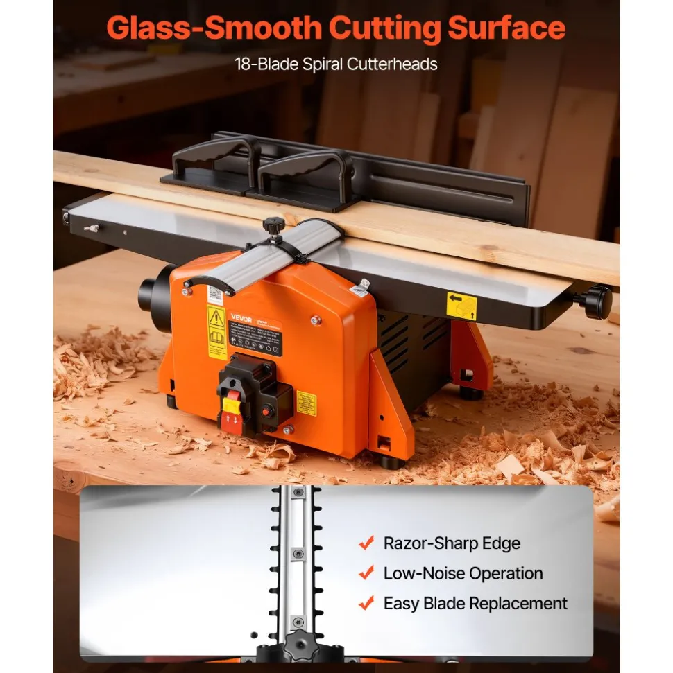 VEVOR Spiral Benchtop Jointer, 8 Inch, 2 HP 8500 RPM Bench Top Wood Jointer, with 18-Blade Spiral Cutterhead, Extendable Cast Aluminum Table, Up to 1/8 in Depth, Adjustable Fence, for Woodworking DIY