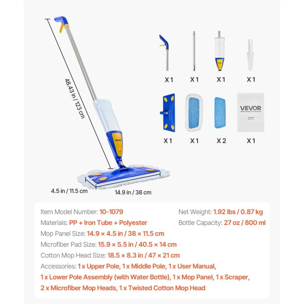 VEVOR Spray Mop, with 3 Washable Pads for Dry and Wet Floor Cleaning and a 27oz Refillable Water Tank, Microfiber Dust Wet Mop & Twisted Cotton Dry Mop, Commercial Home Use for Tiles/Vinyl/Wood Floor