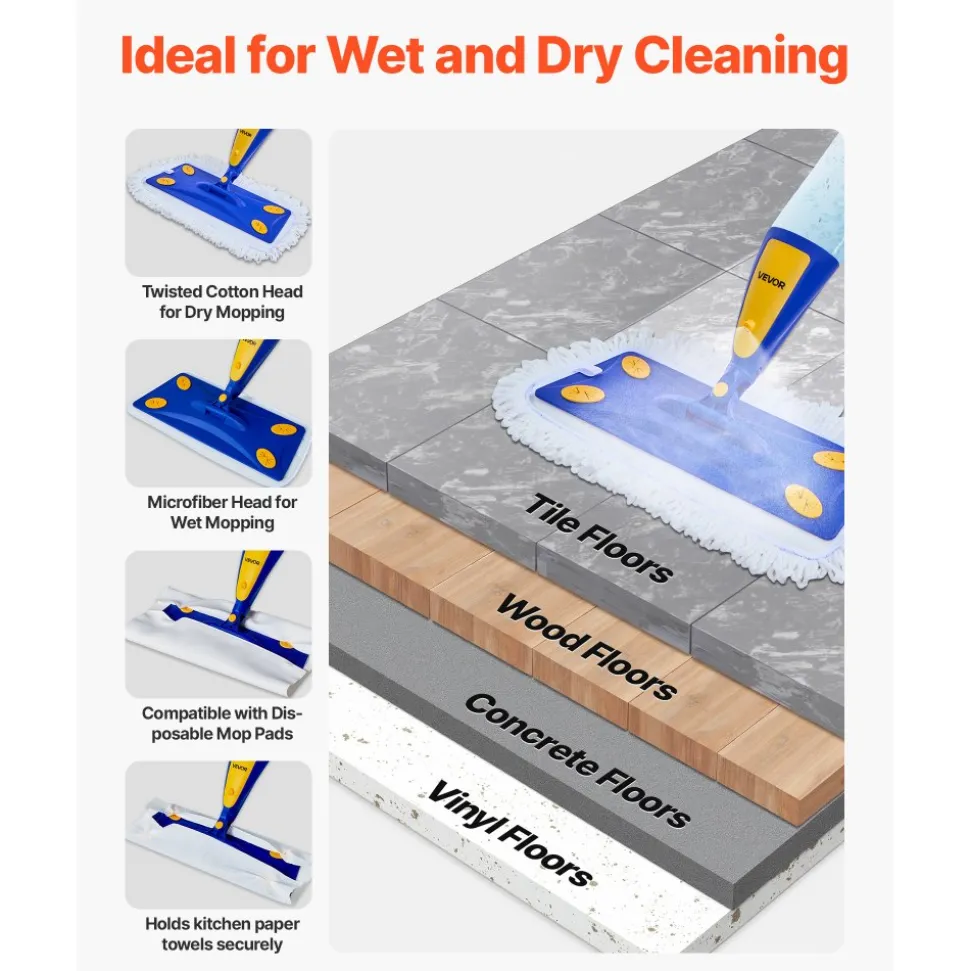 VEVOR Spray Mop, with 3 Washable Pads for Dry and Wet Floor Cleaning and a 27oz Refillable Water Tank, Microfiber Dust Wet Mop & Twisted Cotton Dry Mop, Commercial Home Use for Tiles/Vinyl/Wood Floor
