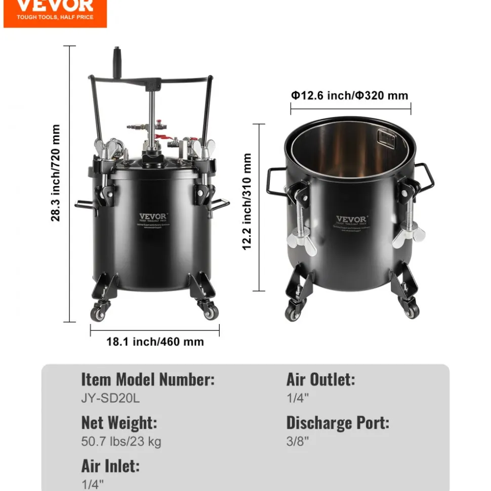 VEVOR Spray Paint Pressure Pot, 20L/5gal Pressure Pot Tank, 70 psi Adjustale Pressure, Steel Pressure Pot Paint Tank with Casters and Leak Repair Sealant, for Home Decor and Industry Painting