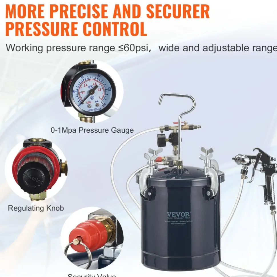 VEVOR Spray Paint Pressure Pot Tank, 10L/2.5gal Air Paint Pressure Pot, 1.5mm+4mm Two Nozzles Two Spray Paint Guns, 60PSI Max, for Industry Home Decor Architecture Construction Automotive Painting