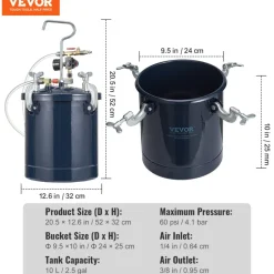 VEVOR Spray Paint Pressure Pot Tank, 10L/2.5gal Air Paint Pressure Pot, 1.5mm+4mm Two Nozzles Two Spray Paint Guns, 60PSI Max, for Industry Home Decor Architecture Construction Automotive Painting
