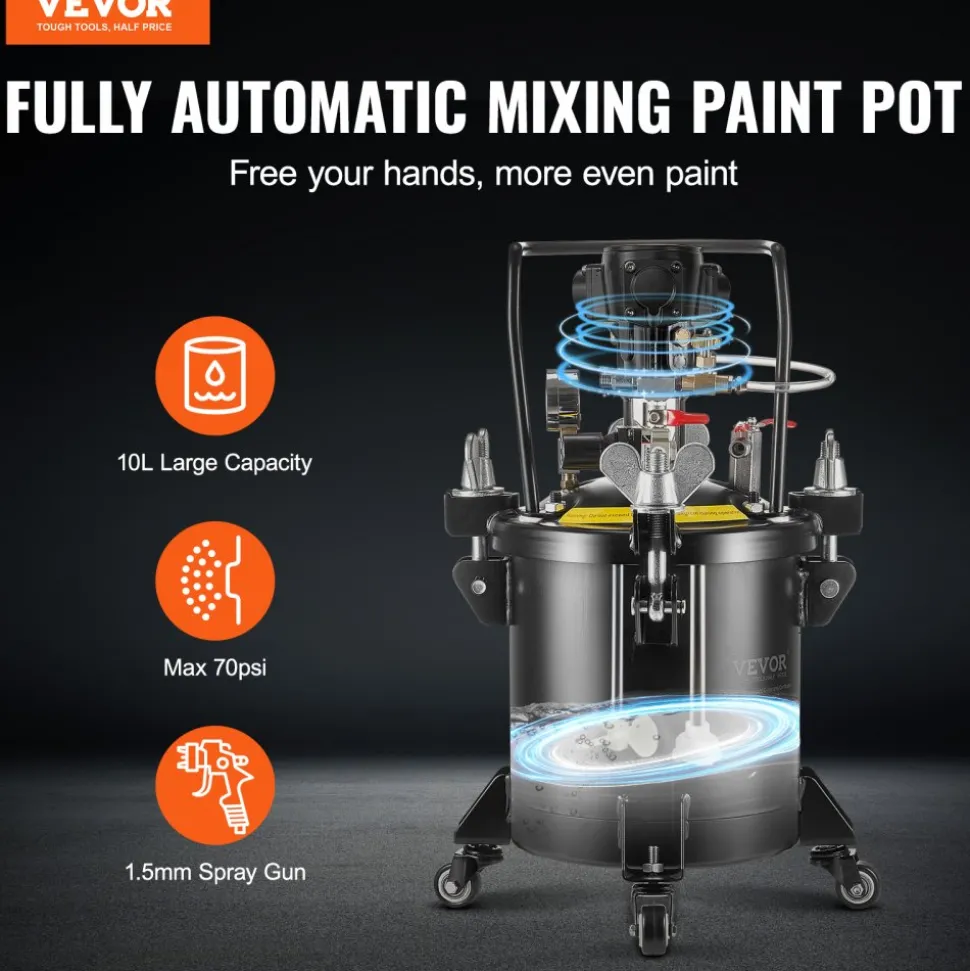 VEVOR Spray Paint Pressure Pot, 10 L/2.5 gal Fully Automatic Stirring Pressure Pot Tank, 70 psi Adjustale Pressure, Pressure Pot Paint Tank with Spray Gun and Hoses, for Home Decor Industry Painting