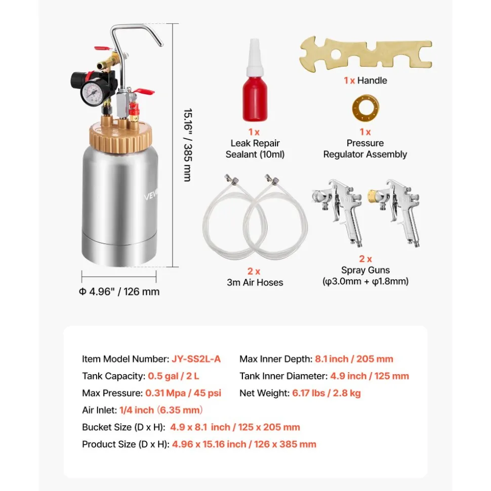 VEVOR Spray Paint Pressure Pot, 0.5 Gal/2 L Pressure Pot Paint Sprayer, φ1.8mm + φ3mm Two Spray Guns Central Pneumatic Sprays Gun with Two 9.8 FT/3 m Hoses for Furniture, Car, Fence, Max 45 Psi