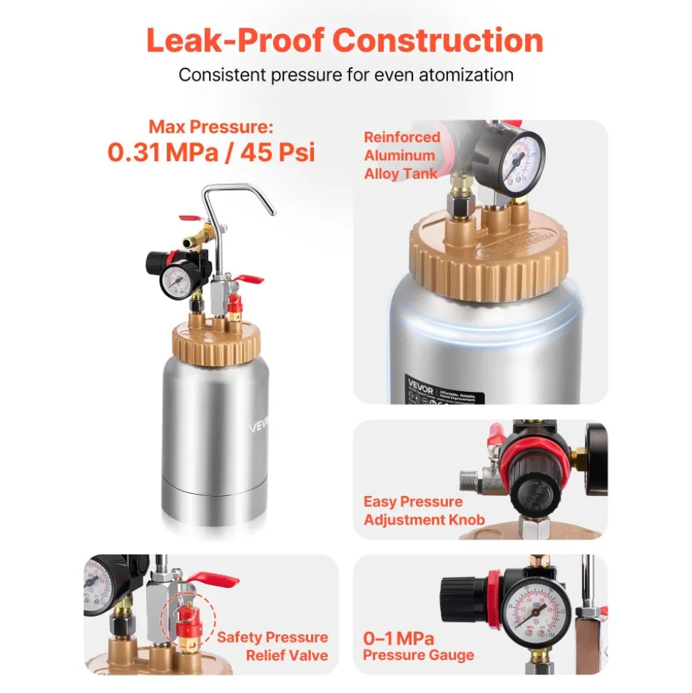 VEVOR Spray Paint Pressure Pot, 0.5 Gal/2 L Pressure Pot Paint Sprayer, φ1.8mm + φ3mm Two Spray Guns Central Pneumatic Sprays Gun with Two 9.8 FT/3 m Hoses for Furniture, Car, Fence, Max 45 Psi