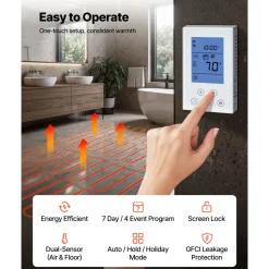 VEVOR 15 sqft Self-Adhesive Mesh Floor Heating Mat System, 120V Electric Radiant Heated Floor System, with Smart Control Thermostat & Alarm, Easy Installation for Tile, Stone, Vinyl