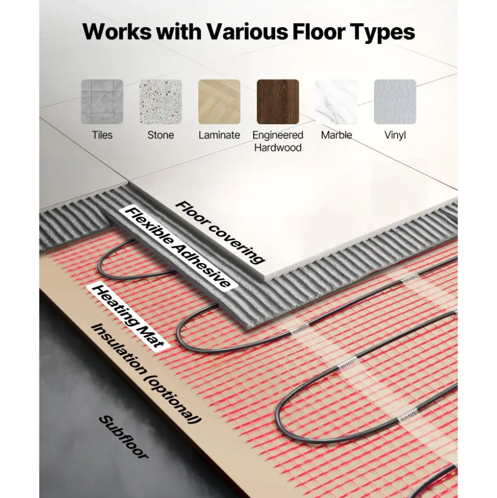 VEVOR 70 sqft Self-Adhesive Mesh Floor Heating Mat System, 120V Electric Radiant Heated Floor System, with Smart Control Thermostat & Alarm, Easy Installation for Tile, Stone, Vinyl