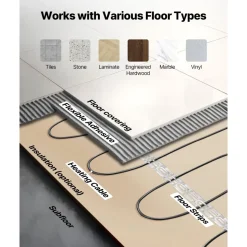 VEVOR 100 sqft Underfloor Heating Cable Kit, 120V Electric Radiant Heated Floor System, with Smart Control Thermostat & Alarm, Easy Installation for Tile, Stone, Vinyl, Home Improvement