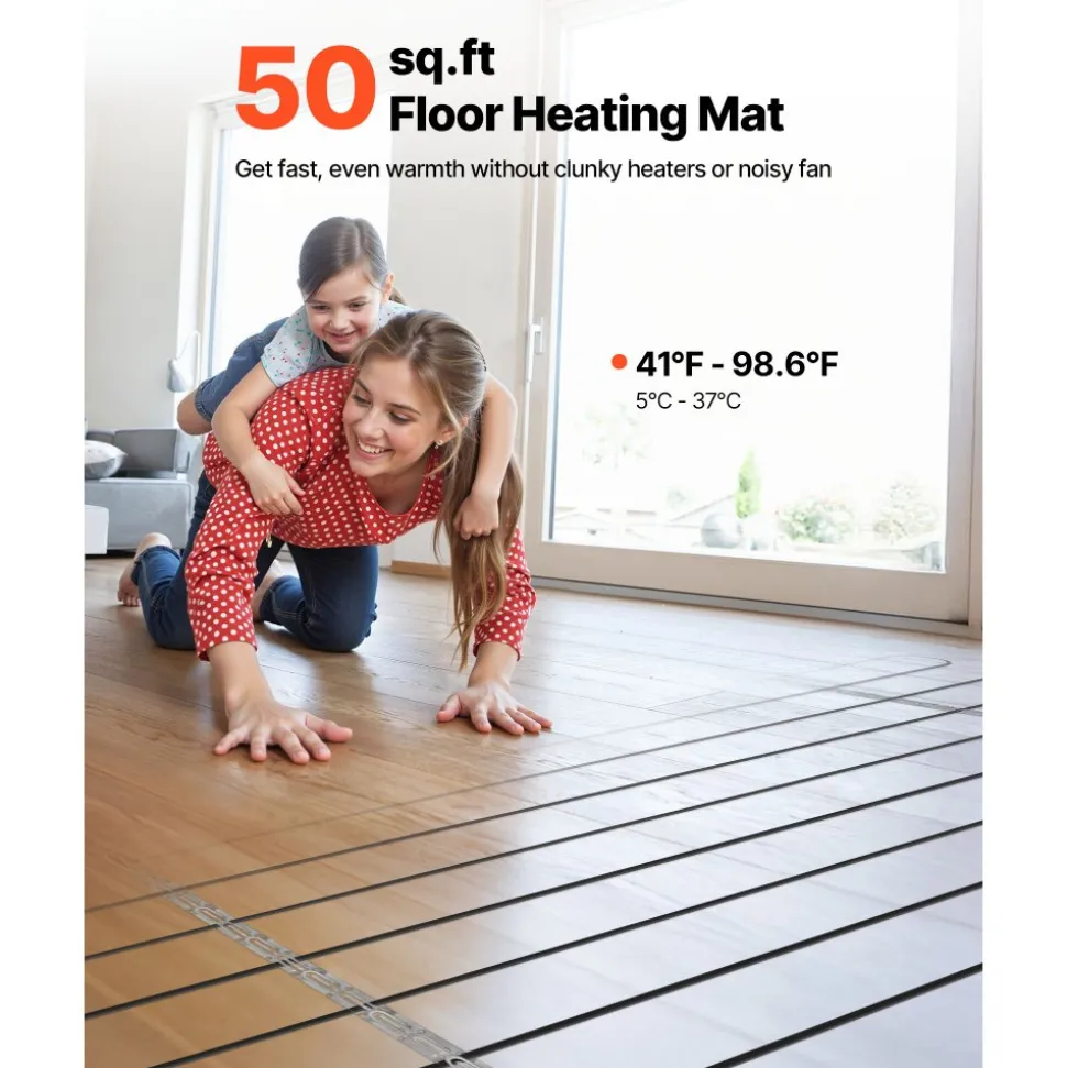 VEVOR 50 sqft Underfloor Heating Cable Kit, 120V Electric Radiant Heated Floor System, with Smart Control Thermostat & Alarm, Easy Installation for Tile, Stone, Vinyl, Home Improvement