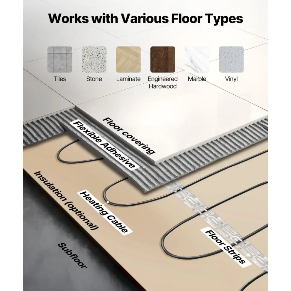 VEVOR 50 sqft Underfloor Heating Cable Kit, 120V Electric Radiant Heated Floor System, with Smart Control Thermostat & Alarm, Easy Installation for Tile, Stone, Vinyl, Home Improvement