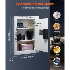 VEVOR 0.83 sq.ft Wall Safe, 3-Tier Hidden Wall Safe with Password, Key & Turning Knob, Q235 Cold-Rolled Steel In-Wall Box with Adjustable Shelves & Mounting Holes for Money, Jewelry, Passport, White