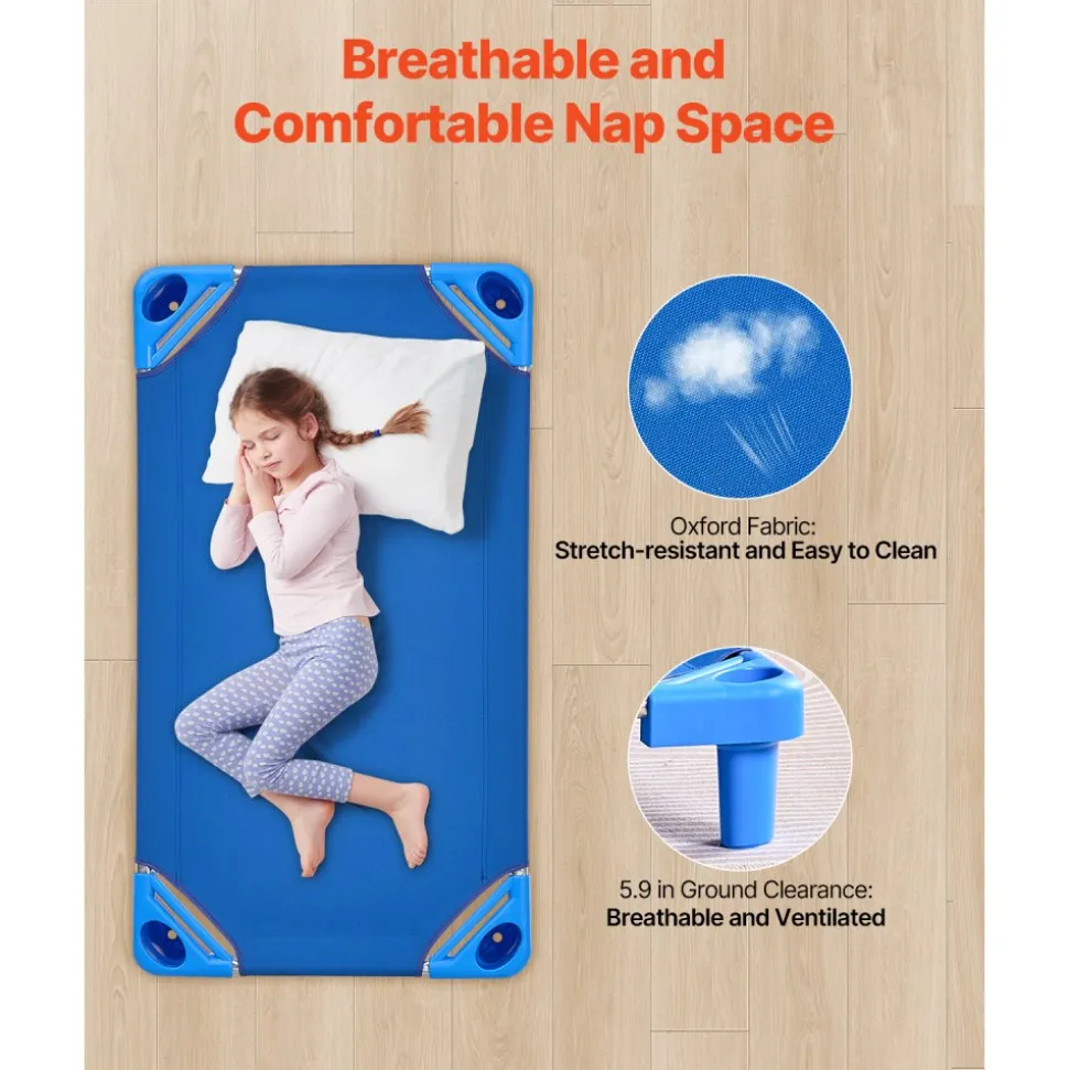 VEVOR Stackable Kiddie Cot, Pack of 6, Portable Toddler Nap Cots, Standard Size 40" L x 23" W Daycare Cots for Kids, Preschool Classroom Daycare Beds for Sleeping, Resting, Naptime, Blue